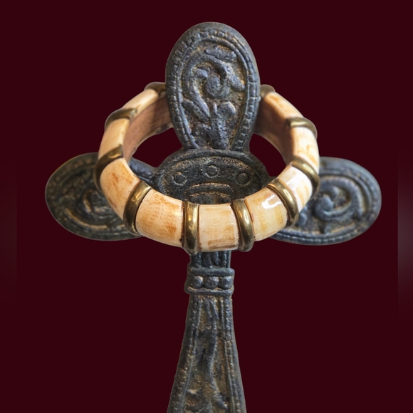 Jewelry - Vintage Bone Over Wood With Brass Inserts Bangle Bracelet